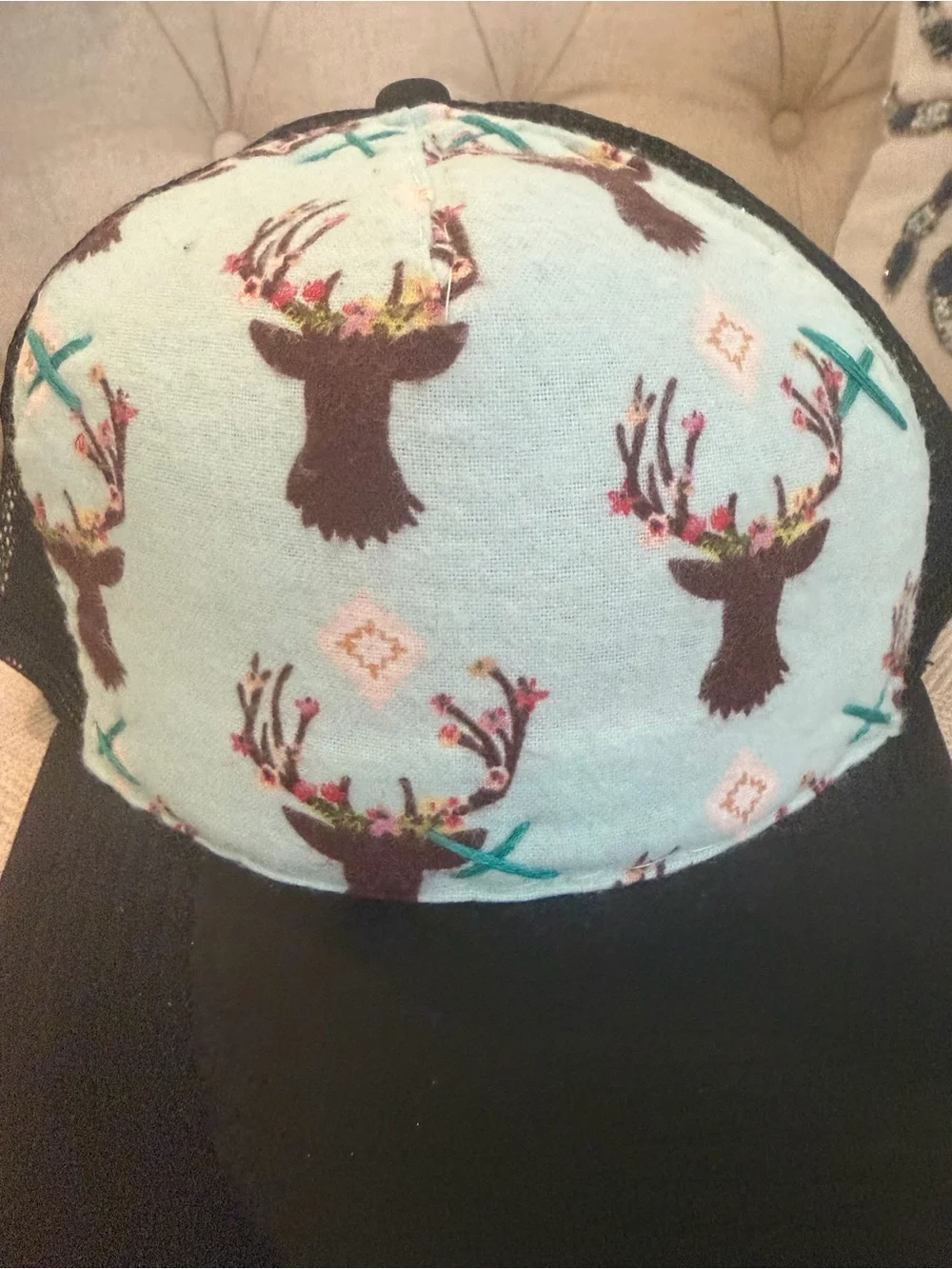 Floral Antler Trucker Hat - Black and Light Blue